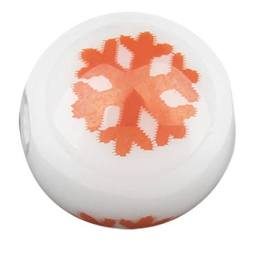 Perle de verre, boule, diamètre 10 mm, blanc opaque, motif : flocon de neige, galvanisé