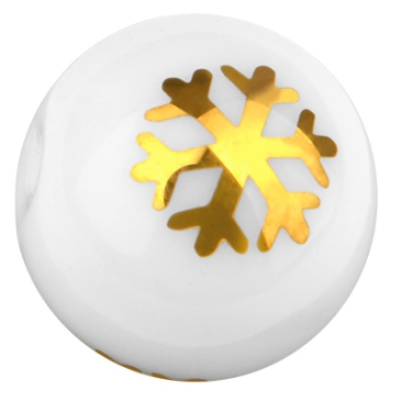 Glasperle, Kugel, Durchmesser 10 mm, weiß opak, Muster: Schneeflocke, galvanisiert