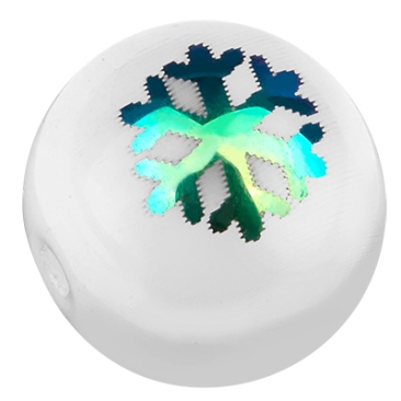 Glaskraal, bol, diameter 10 mm, wit ondoorzichtig, patroon: sneeuwvlok, gegalvaniseerd