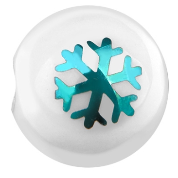 Glass bead, ball, diameter 10 mm, white opaque, pattern: snowflake, galvanised