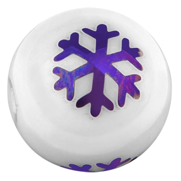 Glaskraal, bol, diameter 10 mm, wit ondoorzichtig, patroon: sneeuwvlok, gegalvaniseerd
