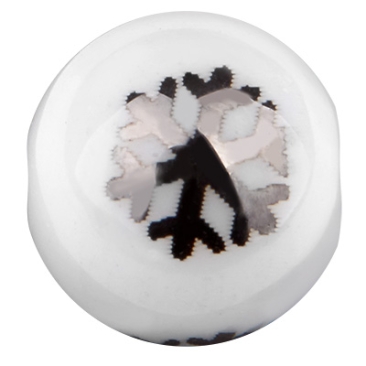 Perle de verre, boule, diamètre 10 mm, blanc opaque, motif : flocon de neige, galvanisé