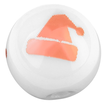 Glasperle, Kugel, Durchmesser 10 mm, weiß opak, Muster: Weihnachtsmütze galvanisiert