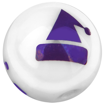 Perle de verre, boule, diamètre 10 mm, blanc opaque, motif : bonnet de Noël galvanisé