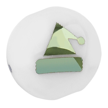 Glass bead, ball, diameter 10 mm, white opaque, pattern: Christmas hat galvanised