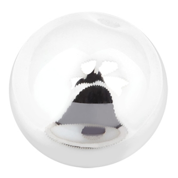 Glass bead, ball, diameter 10 mm, white opaque, pattern: Christmas bell galvanised