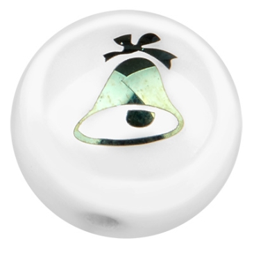 Perle de verre, boule, diamètre 10 mm, blanche opaque, motif : cloche de Noël galvanisée