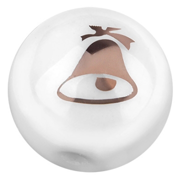 Perle de verre, boule, diamètre 10 mm, blanche opaque, motif : cloche de Noël galvanisée