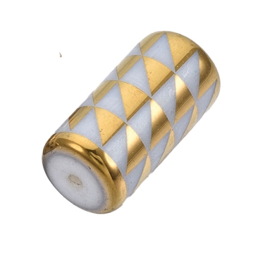 Galvanisierte Glasperle, Walze, weiß mit goldenem Dreiecksmuster, 20 x 10 mm, Loch: 1,2 mm
