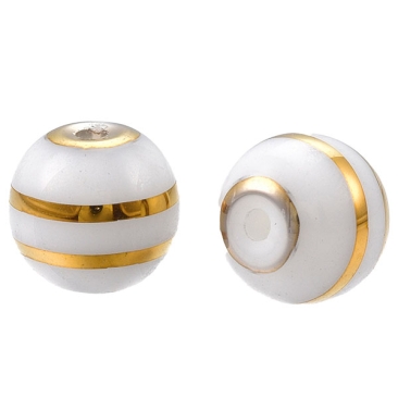 Galvanisierte Glasperle, Kugel, weiß mit goldenen Streifen, Durchmesser 8 mm, Loch: 1 mm
