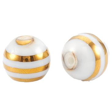 Galvanisierte Glasperle, Kugel, weiß mit goldenen Streifen, Durchmesser 10 mm, Loch: 1,2 mm