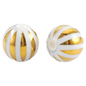 Galvanisierte Glasperle, Kugel, weiß mit goldenen Streifen, Durchmesser 10 mm, Loch: 1,2 mm