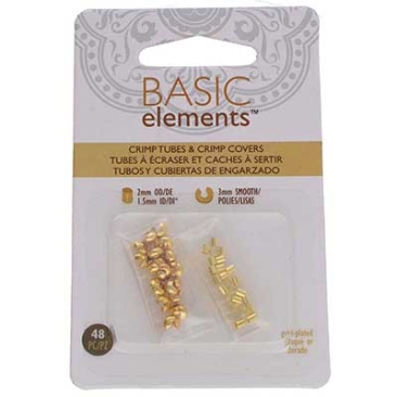 Set of squeeze tubes (outside 2 mm/inside 1.5 mm) and laminating beads (3 mm), gold-plated, 48 pieces