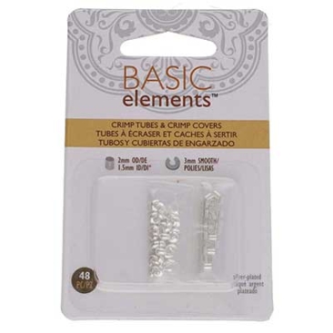 Set of squeeze tubes (outside 2 mm/inside 1.5 mm) and lamination beads (3 mm), silver-plated, 48 pieces