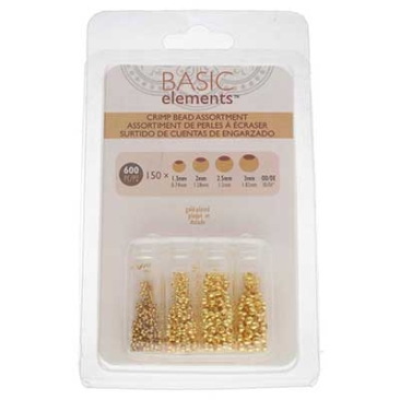 Set of crimp beads, 150 beads each: 1.3 mm, 1.8 mm, 2.0 mm, 2.5 mm (600 beads in total), gold plated
