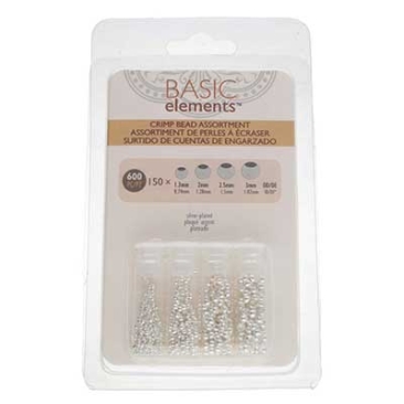 Set of crimp beads, 150 beads each: 1.3 mm, 1.8 mm, 2.0 mm, 2.5 mm (600 beads in total), silver plated