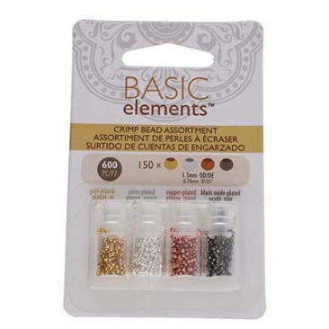 Crimp beads set, diameter 1.3 mm, 150 beads each in gold-plated, silver-plated, copper-coloured, black (total 600 beads)
