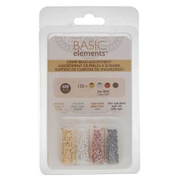 Crimp beads set, diameter 2.0 mm, 150 beads each in gold-plated, silver-plated, copper-coloured, black (total 600 beads)