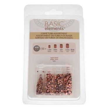 Squeeze tube set, 150 beads each: 1.3 mm, 1.8 mm, 2.0 mm, 2.5 mm (total 600 beads), copper coloured