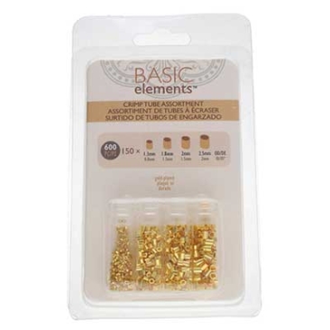 Squeeze tube set, 150 beads each: 1.3 mm, 1.8 mm, 2.0 mm, 2.5 mm (total 600 beads), gold plated