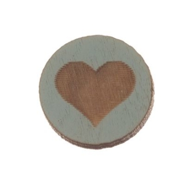 Cabochon en bois, rond, diamètre 12 mm, motif coeur, bleu clair