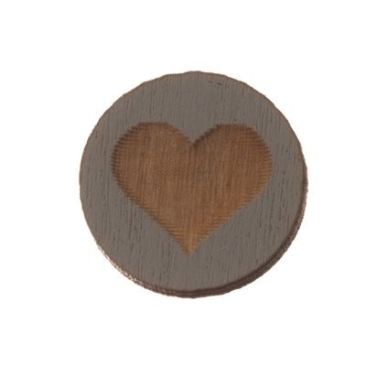 Wooden cabochon, round, diameter 12 mm, motif heart, grey...