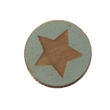 Wooden cabochon, round, diameter 12 mm, motif star, light blue