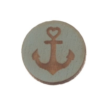 Wooden cabochon, round, diameter 12 mm, motif anchor, light blue