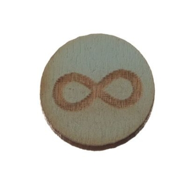 Wooden cabochon, round, diameter 12 mm, motif infinity, light blue