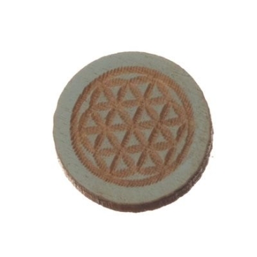 Houten cabochon, rond, diameter 12 mm, motief flower of life, lichtblauw