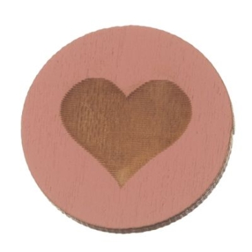 Houten cabochon, rond, diameter 20 mm, motief hart, roze