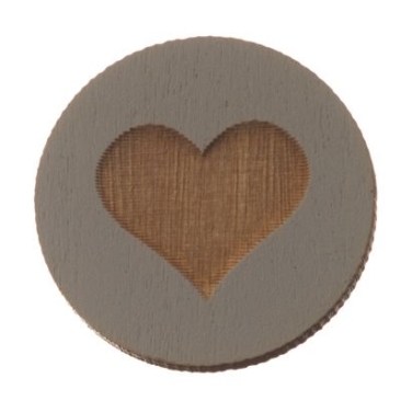 Cabochon en bois, rond, diamètre 20 mm, motif coeur, gris