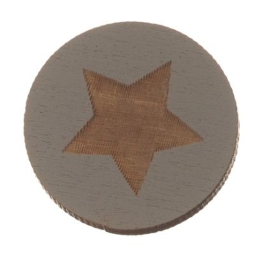 Wooden cabochon, round, diameter 20 mm, motif star, grey
