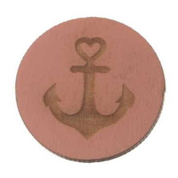 Wooden cabochon, round, diameter 20 mm, anchor motif, pink