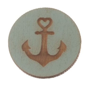 Wooden cabochon, round, diameter 20 mm, motif anchor, light blue