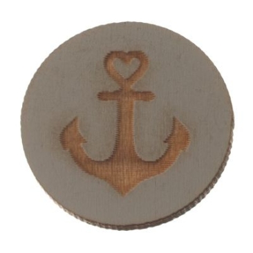 Wooden cabochon, round, diameter 20 mm, anchor motif, grey
