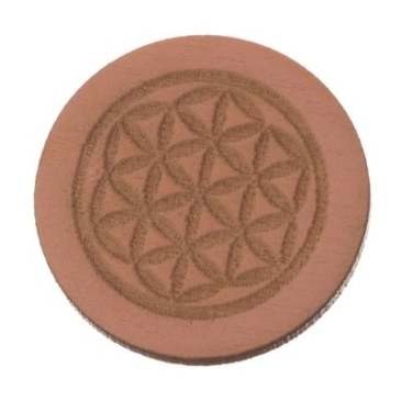 Wooden cabochon, round, diameter 20 mm, motif flower of life, pink
