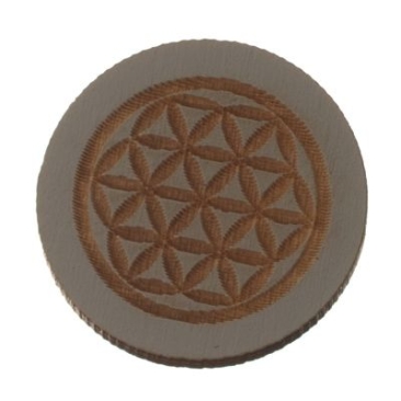 Houten cabochon, rond, diameter 20 mm, motief flower of life, grijs