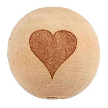 Perle en bois boule avec cœur, diamètre environ 20 mm, naturel