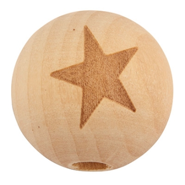 Perle en bois boule avec étoile, diamètre environ 20 mm, naturel