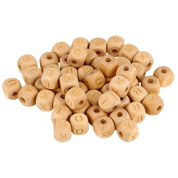 Perles en bois, cube avec lettres, 10 x 10 mm, Cub, naturel, diamètre du trou : 4 mm, mélange de 50 perles
