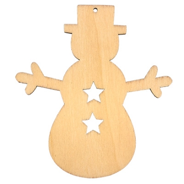 Wooden pendant, snowman, natural, 100x91x3 mm, loop: 2 mm
