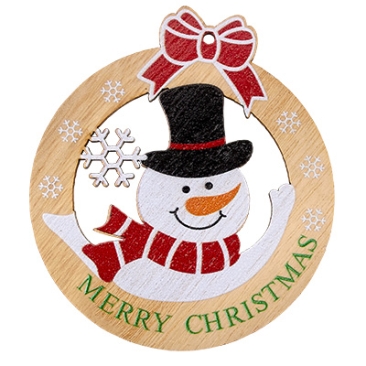 Wooden pendant, round, motif snowman & "Merry Christmas", 95x84x3 mm, loop: 3 mm