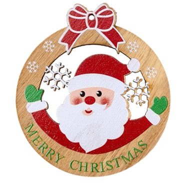 Pendentif en bois, rond, Père Noël & "Merry Christmas", 95x84x3 mm, oeillet : 3 mm