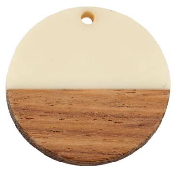 Wood and resin pendant, round disc, 28.5 x 3.5 mm, eyelet 1.5 mm, white