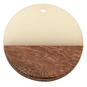 Wood and resin pendant, round disc, 28.5 x 3.5 mm, eyelet 1.5 mm, cream white