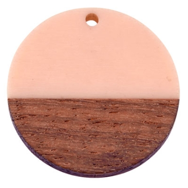 Wood and resin pendant,Round disc, 28.5 x 3.5 mm, eyelet 1.5 mm, pink