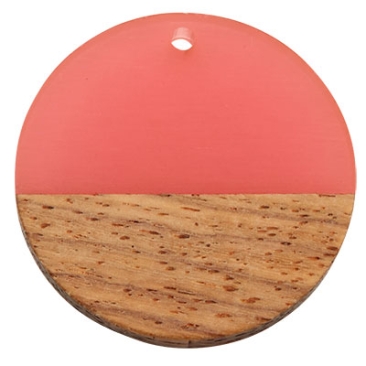 Wood and resin pendant,Round disc, 28.5 x 3.5 mm, eyelet 1.5 mm, pink