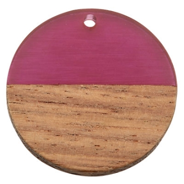 Wood and resin pendant,Round disc, 28.5 x 3.5 mm, eyelet 1.5 mm, purple
