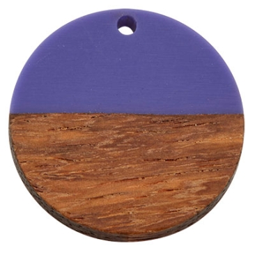 Wood and resin pendant, round disc, 28.5 x 3.5 mm, eyelet 1.5 mm, mauve